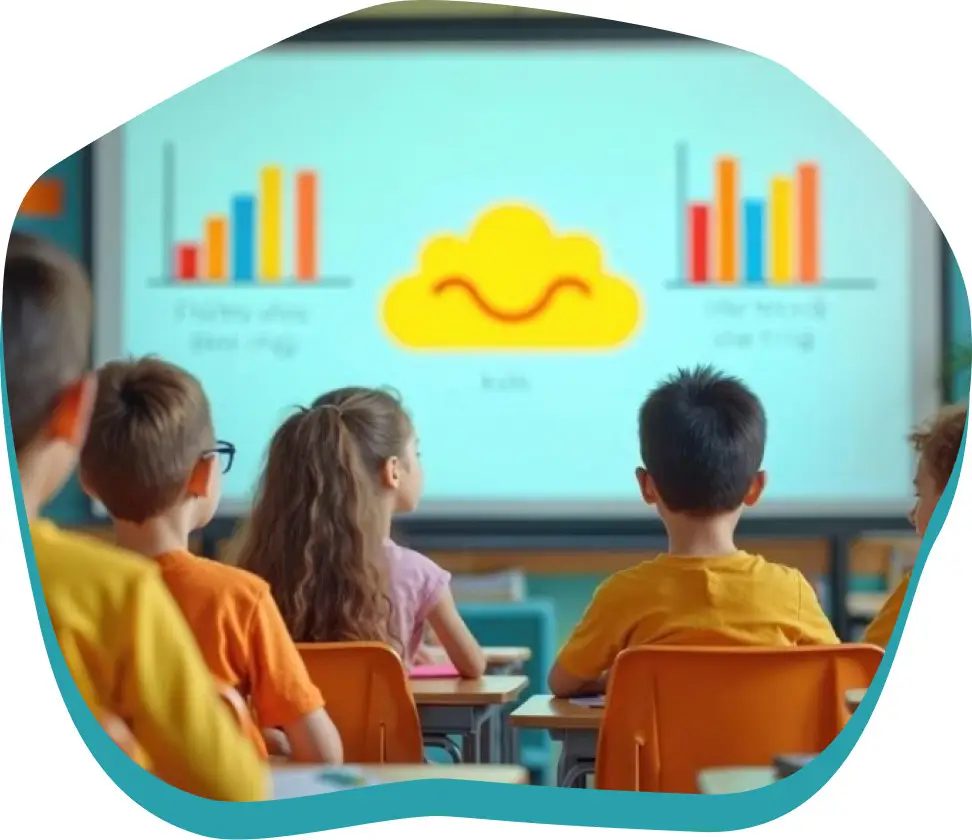 Students viewing a data analytics presentation on a classroom screen